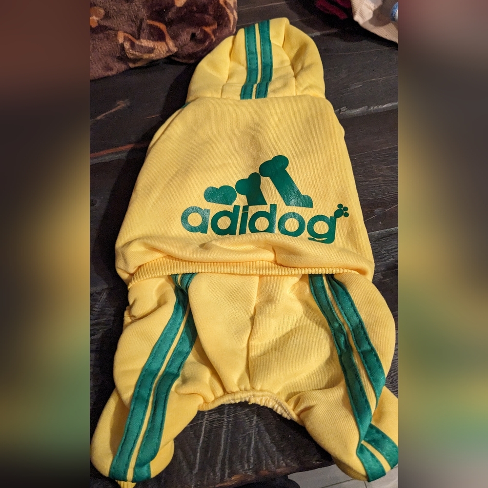 Adidog yellow and green jumpsuit for small dogs never worn